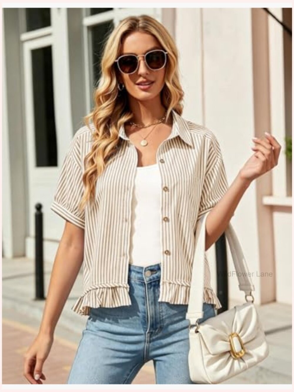 Cropped Striped Button Down Short Sleeve Ruffled Blouse Casual Summer - Picture 4 of 7